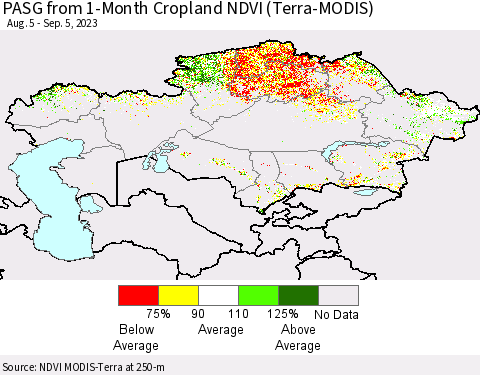 Kazakhstan PASG from 1-Month Cropland NDVI (Terra-MODIS) Thematic Map For 8/29/2023 - 9/5/2023