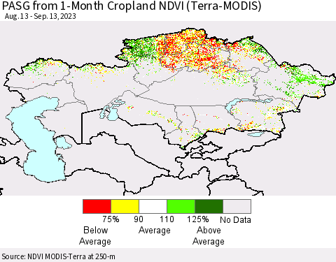 Kazakhstan PASG from 1-Month Cropland NDVI (Terra-MODIS) Thematic Map For 9/6/2023 - 9/13/2023