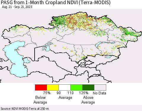 Kazakhstan PASG from 1-Month Cropland NDVI (Terra-MODIS) Thematic Map For 9/14/2023 - 9/21/2023