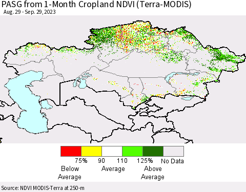 Kazakhstan PASG from 1-Month Cropland NDVI (Terra-MODIS) Thematic Map For 9/22/2023 - 9/29/2023