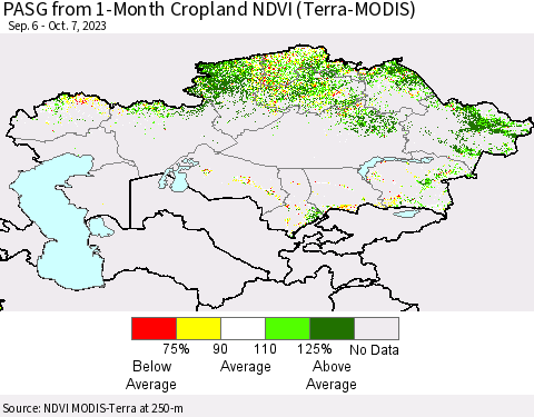 Kazakhstan PASG from 1-Month Cropland NDVI (Terra-MODIS) Thematic Map For 9/30/2023 - 10/7/2023