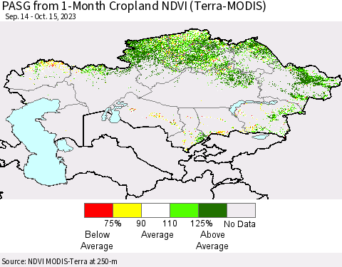 Kazakhstan PASG from 1-Month Cropland NDVI (Terra-MODIS) Thematic Map For 10/8/2023 - 10/15/2023