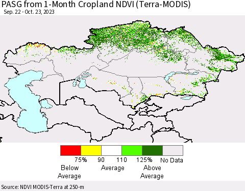Kazakhstan PASG from 1-Month Cropland NDVI (Terra-MODIS) Thematic Map For 10/16/2023 - 10/23/2023