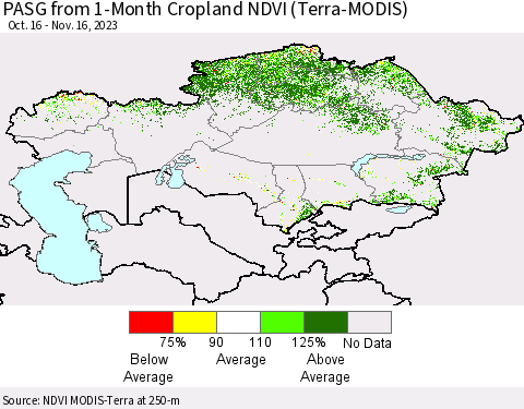 Kazakhstan PASG from 1-Month Cropland NDVI (Terra-MODIS) Thematic Map For 11/9/2023 - 11/16/2023