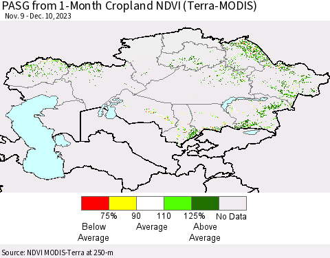 Kazakhstan PASG from 1-Month Cropland NDVI (Terra-MODIS) Thematic Map For 12/3/2023 - 12/10/2023