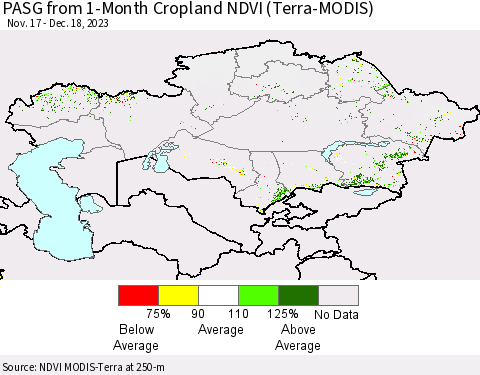 Kazakhstan PASG from 1-Month Cropland NDVI (Terra-MODIS) Thematic Map For 12/11/2023 - 12/18/2023