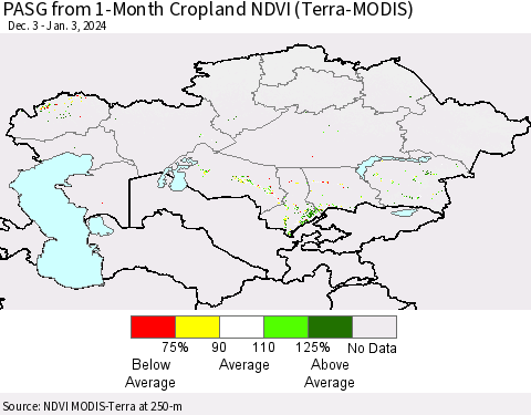 Kazakhstan PASG from 1-Month Cropland NDVI (Terra-MODIS) Thematic Map For 12/27/2023 - 1/3/2024