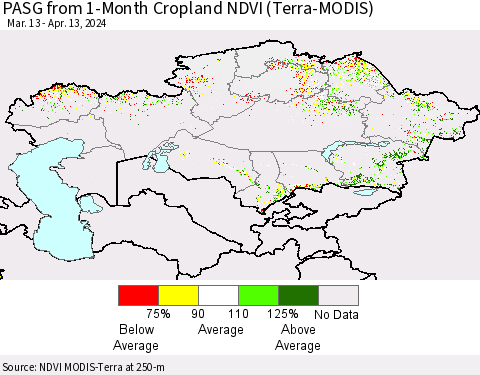 Kazakhstan PASG from 1-Month Cropland NDVI (Terra-MODIS) Thematic Map For 4/6/2024 - 4/13/2024