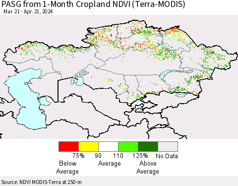 Kazakhstan PASG from 1-Month Cropland NDVI (Terra-MODIS) Thematic Map For 4/14/2024 - 4/21/2024