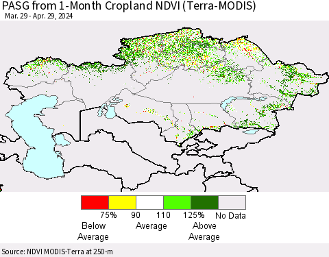 Kazakhstan PASG from 1-Month Cropland NDVI (Terra-MODIS) Thematic Map For 4/22/2024 - 4/29/2024