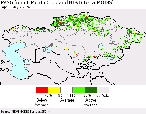 Kazakhstan PASG from 1-Month Cropland NDVI (Terra-MODIS) Thematic Map For 4/30/2024 - 5/7/2024