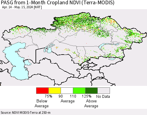 Kazakhstan PASG from 1-Month Cropland NDVI (Terra-MODIS) Thematic Map For 5/8/2024 - 5/15/2024