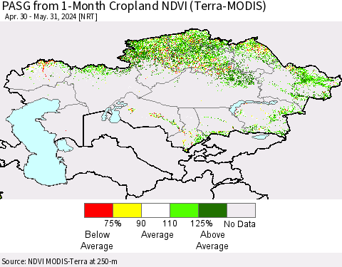 Kazakhstan PASG from 1-Month Cropland NDVI (Terra-MODIS) Thematic Map For 5/24/2024 - 5/31/2024