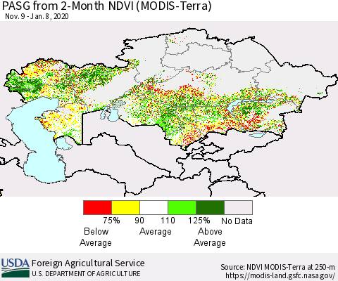 Kazakhstan PASG from 2-Month NDVI (Terra-MODIS) Thematic Map For 1/1/2020 - 1/10/2020