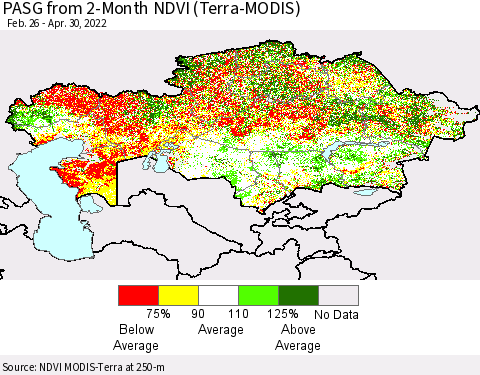 Kazakhstan PASG from 2-Month NDVI (Terra-MODIS) Thematic Map For 4/23/2022 - 4/30/2022
