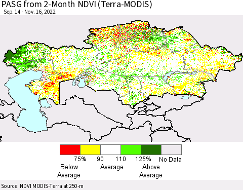 Kazakhstan PASG from 2-Month NDVI (Terra-MODIS) Thematic Map For 11/9/2022 - 11/16/2022
