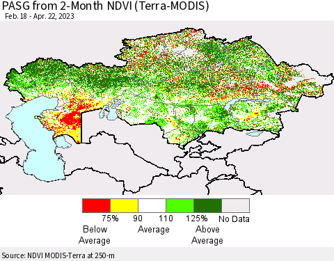 Kazakhstan PASG from 2-Month NDVI (Terra-MODIS) Thematic Map For 4/15/2023 - 4/22/2023