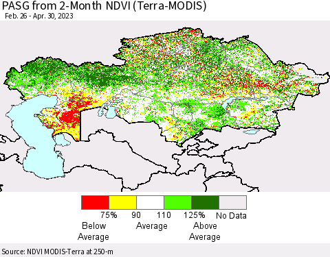 Kazakhstan PASG from 2-Month NDVI (Terra-MODIS) Thematic Map For 4/23/2023 - 4/30/2023