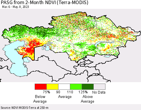 Kazakhstan PASG from 2-Month NDVI (Terra-MODIS) Thematic Map For 5/1/2023 - 5/8/2023