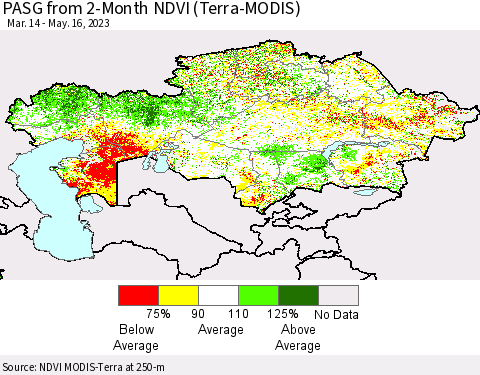 Kazakhstan PASG from 2-Month NDVI (Terra-MODIS) Thematic Map For 5/9/2023 - 5/16/2023
