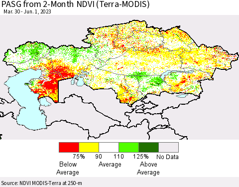 Kazakhstan PASG from 2-Month NDVI (Terra-MODIS) Thematic Map For 5/25/2023 - 6/1/2023
