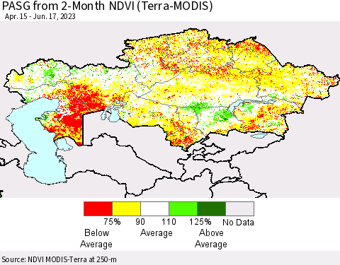 Kazakhstan PASG from 2-Month NDVI (Terra-MODIS) Thematic Map For 6/10/2023 - 6/17/2023