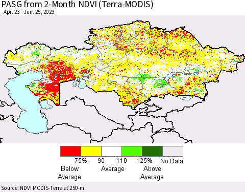 Kazakhstan PASG from 2-Month NDVI (Terra-MODIS) Thematic Map For 6/18/2023 - 6/25/2023
