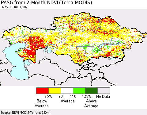 Kazakhstan PASG from 2-Month NDVI (Terra-MODIS) Thematic Map For 6/26/2023 - 7/3/2023
