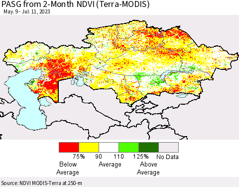 Kazakhstan PASG from 2-Month NDVI (Terra-MODIS) Thematic Map For 7/4/2023 - 7/11/2023
