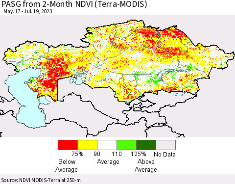 Kazakhstan PASG from 2-Month NDVI (Terra-MODIS) Thematic Map For 7/12/2023 - 7/19/2023