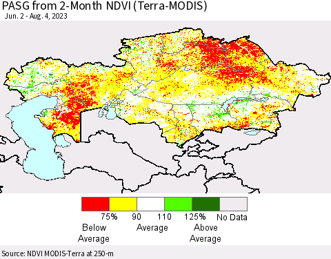 Kazakhstan PASG from 2-Month NDVI (Terra-MODIS) Thematic Map For 7/28/2023 - 8/4/2023