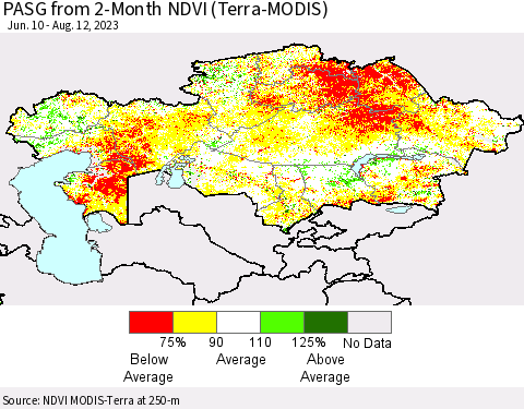 Kazakhstan PASG from 2-Month NDVI (Terra-MODIS) Thematic Map For 8/5/2023 - 8/12/2023