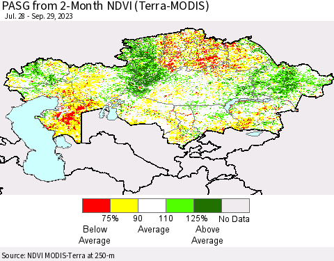 Kazakhstan PASG from 2-Month NDVI (Terra-MODIS) Thematic Map For 9/22/2023 - 9/29/2023