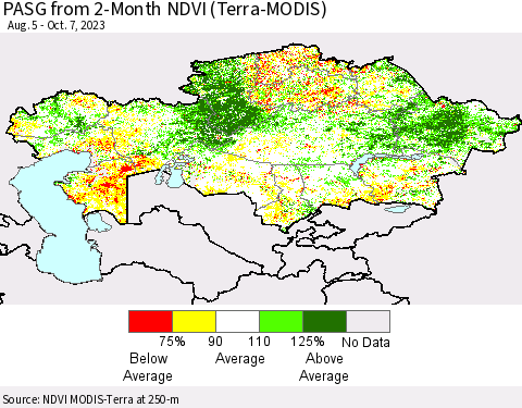 Kazakhstan PASG from 2-Month NDVI (Terra-MODIS) Thematic Map For 9/30/2023 - 10/7/2023