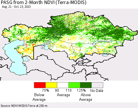 Kazakhstan PASG from 2-Month NDVI (Terra-MODIS) Thematic Map For 10/16/2023 - 10/23/2023