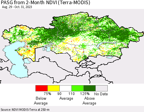 Kazakhstan PASG from 2-Month NDVI (Terra-MODIS) Thematic Map For 10/24/2023 - 10/31/2023