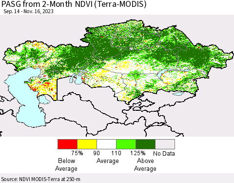 Kazakhstan PASG from 2-Month NDVI (Terra-MODIS) Thematic Map For 11/9/2023 - 11/16/2023
