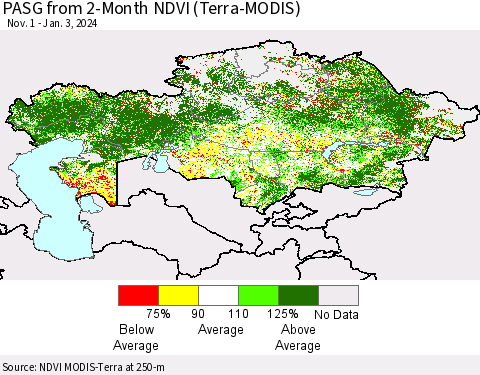 Kazakhstan PASG from 2-Month NDVI (Terra-MODIS) Thematic Map For 12/27/2023 - 1/3/2024