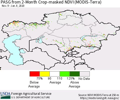 Kazakhstan PASG from 2-Month Cropland NDVI (Terra-MODIS) Thematic Map For 1/1/2020 - 1/10/2020