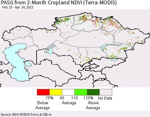 Kazakhstan PASG from 2-Month Cropland NDVI (Terra-MODIS) Thematic Map For 4/7/2022 - 4/14/2022