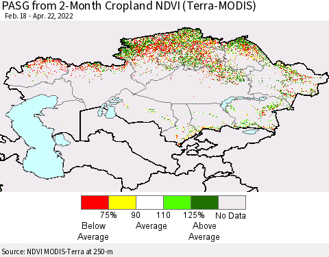 Kazakhstan PASG from 2-Month Cropland NDVI (Terra-MODIS) Thematic Map For 4/15/2022 - 4/22/2022