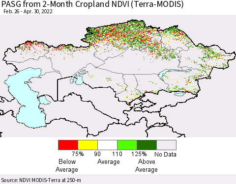 Kazakhstan PASG from 2-Month Cropland NDVI (Terra-MODIS) Thematic Map For 4/23/2022 - 4/30/2022