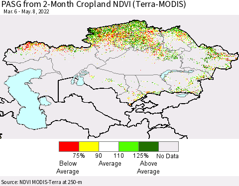 Kazakhstan PASG from 2-Month Cropland NDVI (Terra-MODIS) Thematic Map For 5/1/2022 - 5/8/2022