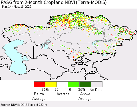 Kazakhstan PASG from 2-Month Cropland NDVI (Terra-MODIS) Thematic Map For 5/9/2022 - 5/16/2022