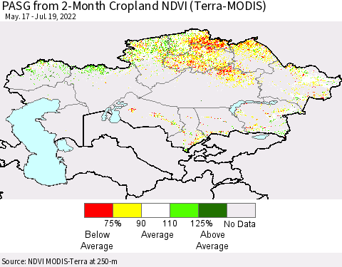 Kazakhstan PASG from 2-Month Cropland NDVI (Terra-MODIS) Thematic Map For 7/12/2022 - 7/19/2022