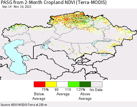Kazakhstan PASG from 2-Month Cropland NDVI (Terra-MODIS) Thematic Map For 11/9/2022 - 11/16/2022
