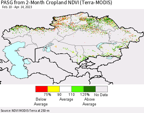 Kazakhstan PASG from 2-Month Cropland NDVI (Terra-MODIS) Thematic Map For 4/7/2023 - 4/14/2023