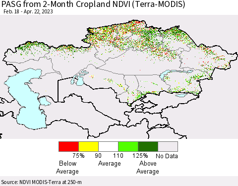 Kazakhstan PASG from 2-Month Cropland NDVI (Terra-MODIS) Thematic Map For 4/15/2023 - 4/22/2023