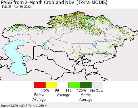 Kazakhstan PASG from 2-Month Cropland NDVI (Terra-MODIS) Thematic Map For 4/23/2023 - 4/30/2023