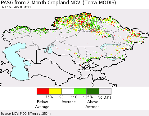 Kazakhstan PASG from 2-Month Cropland NDVI (Terra-MODIS) Thematic Map For 5/1/2023 - 5/8/2023